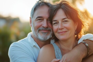 Fototapeta premium A middle-aged couple smiling and embracing outdoors in a warm, natural setting.