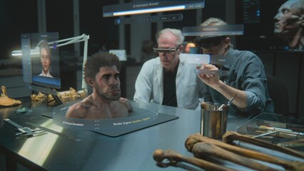 Advanced archaeological lab: Two archaeologists in VR headsets conducts scientific research in augmented reality. 3D graphics of virtual display with AI simulator of ancient Neanderthal human. VFX