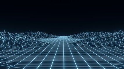 Fototapeta premium Retro fantastic background of the 80s. Mountain wireframe landscape with night sky. Futuristic neon scenery. 3d rendering.