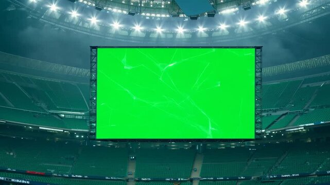 A large screen in an empty stadium showing a green screen, ideal for sports event mockups or digital advertising concepts.
