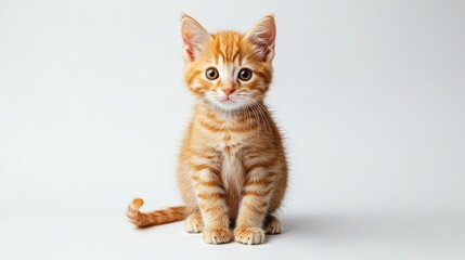 Obraz premium An orange tabby kitten sitting upright against a white background, with a curious and adorable expression, highlighted by soft lighting that showcases its detailed striped fur.