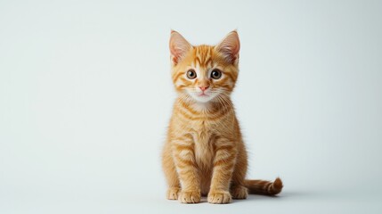 Fototapeta premium An orange tabby kitten sitting upright against a white background, with a curious and adorable expression, highlighted by soft lighting that showcases its detailed striped fur.