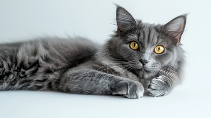 A gray cat with bright yellow eyes lies on a white background, looking calm and relaxed with its paws raised slightly, exuding comfort and confidence.