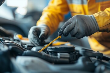 Close up of Automotive mechanic repairman pulling dipstick to checking engine oil level engine in the engine room, check the mileage of the car, oil change, auto maintenance service concept. banner