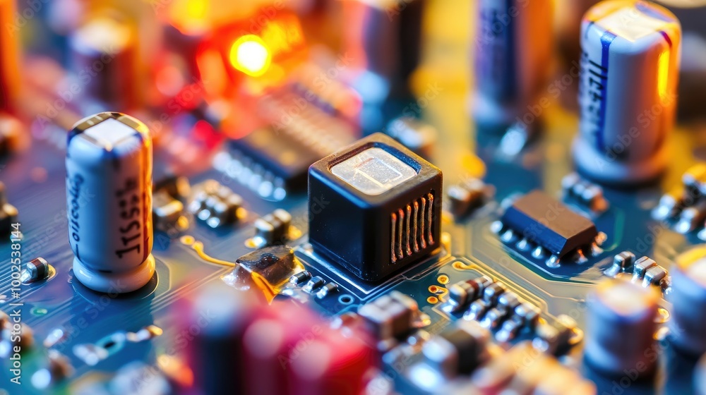 Poster a close-up of a capacitor and resistor connected on a prototype circuit board for testing.