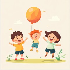 A cartoon of three children playing with a yellow balloon