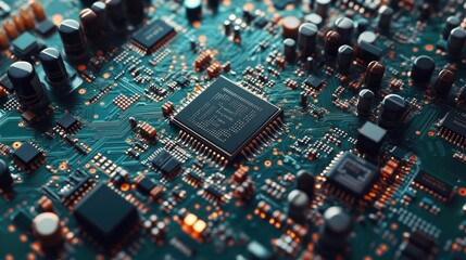 Fototapeta premium A close-up of an integrated circuit (IC) chip on a green PCB with resistors and capacitors.