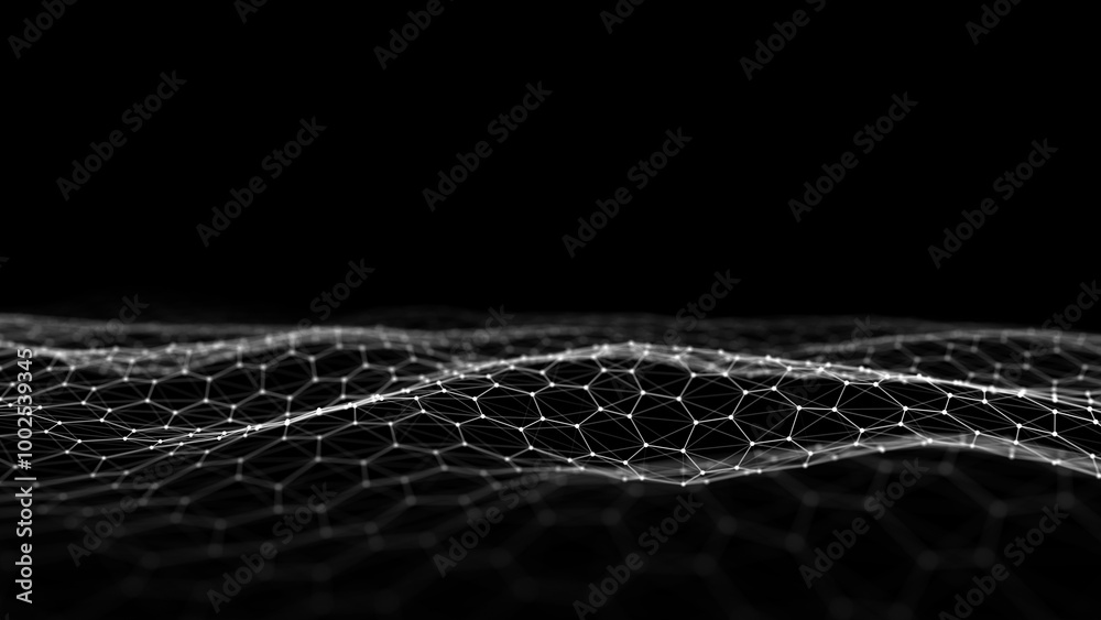 Poster futuristic hexagon wave. dark cyberspace. abstract wave with dots and line. blue moving particles on