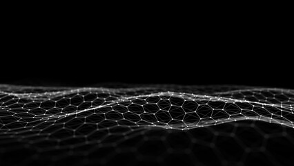 Futuristic hexagon wave. Dark cyberspace. Abstract wave with dots and line. Blue moving particles on background. 3d rendering.