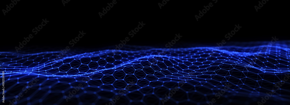 Poster futuristic hexagon wave. dark cyberspace. abstract wave with dots and line. blue moving particles on