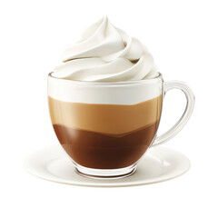 A delicious layered coffee drink topped with creamy whipped cream, served in a transparent cup for an inviting look., isolated on a transparent background.