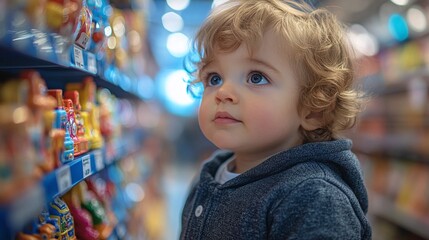 cute toddler boy exploring a toy store, showcasing the thrill of discovery and the joy of play in a colorful, family-friendly environment filled with exciting toys and possibilities