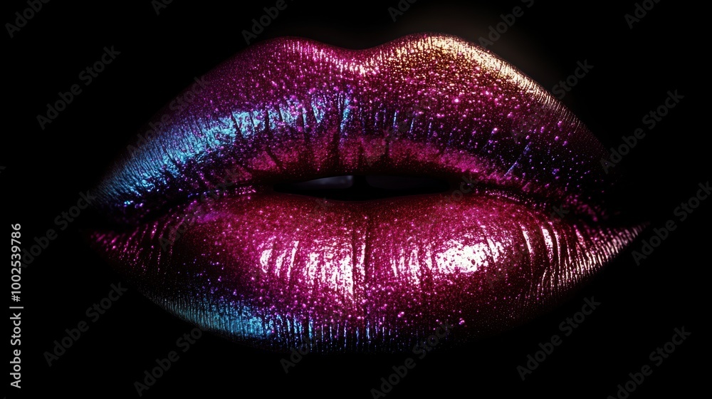 Poster Close-up view of glossy lips with vibrant metallic finish showcasing shimmering colors against a dark backdrop. Generative AI