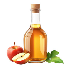A glass bottle of apple cider vinegar surrounded by fresh apples and green leaves, symbolizing health and wellness., isolated on a transparent background.