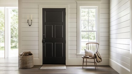Fototapeta premium White Farmhouse Foyer with Black Door and Wooden Chair