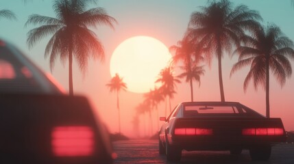Retro Sunset with Palm Trees and Classic Cars