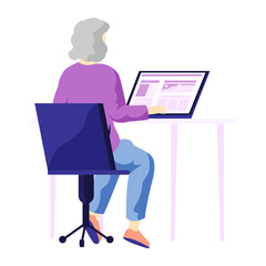 Old people. An older individual with gray hair sits on an office chair in front of a desk using a computer. Ideal for technology adoption, seniors at work, digital literacy, home office, online