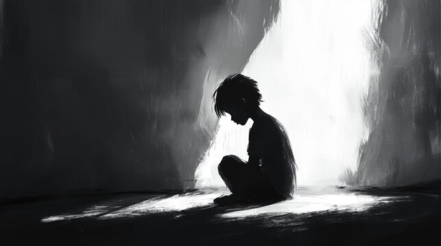 Child abuse and mistreatment, social problems, boy in a corner of a house. Feeling of anguish and restlessness. Problems in the family. Violence against minors. Ai generative