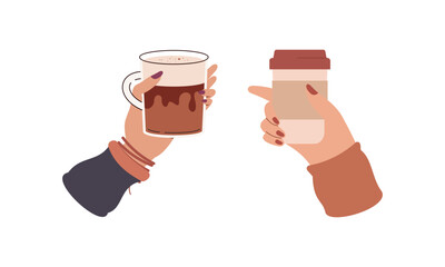 Hands with hot drink cups. Beverages ceramic mugs