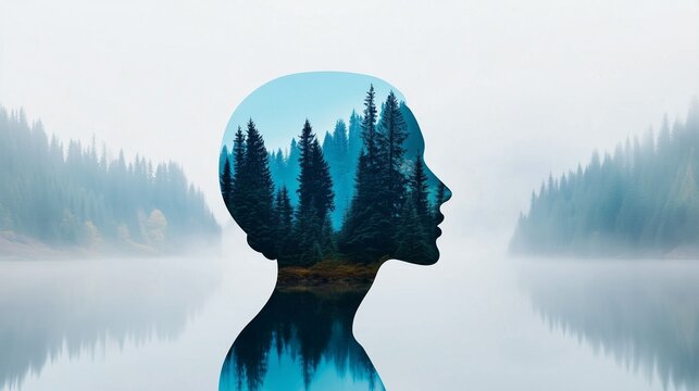 Silhouette of a profile of a person with a forest on the shore of a lake, a river inside. Abstract image. Concept of caring for nature.