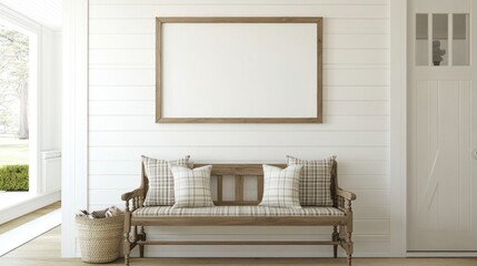 Rustic Farmhouse Entryway with Wooden Bench and Blank Canvas