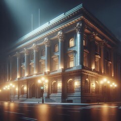 Obraz premium An elegant, classic bank building illuminated at night, showcasing grand architecture with tall columns and ornate details. The atmospheric lighting highlights the building's historic and formal