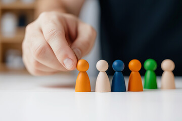 Hand arranges wooden figures representing family members for systemic constellations therapy