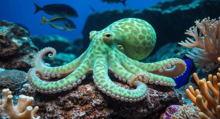 Mottled green octopus camouflaging on a rocky ocean floor surrounded by coral and fish