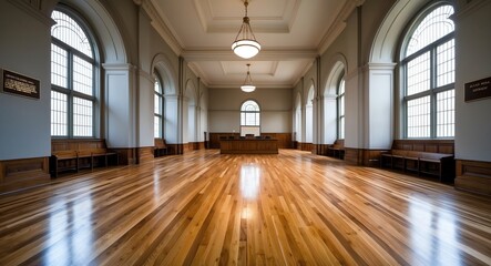 Polished wooden floor in an empty courthouse hallway lit by high arched windows with space for legal text