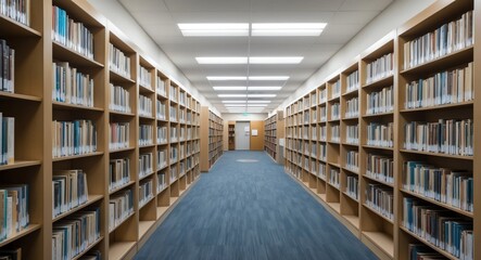 Obraz premium Quiet corridor lined with tall bookshelves under soft fluorescent lighting with open space for text