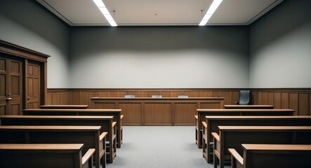 Quiet courtroom with minimal lighting and wooden furnishings providing a formal yet simple background for copy