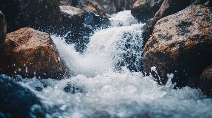 A dramatic waterfall with large boulders at its base, with water splashing against the rocks, showcasing the raw power of nature.
