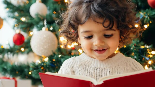 Joyful child reading in front of decorated Christmas tree with ornaments and lights