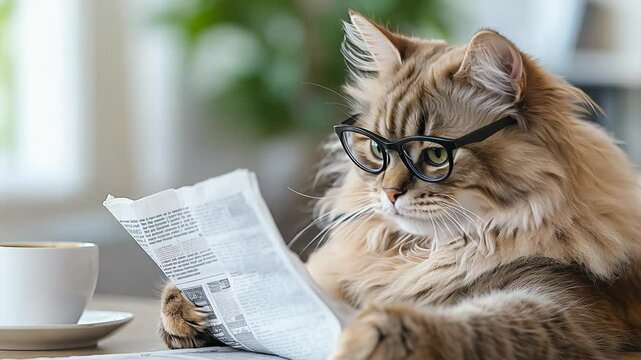 Maine coon cat wearing glasses reading newspaper with coffee on table