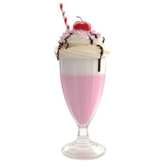 Delicious pink milkshake topped with whipped cream, chocolate sauce, and a cherry. Perfect for summer refreshment., isolated on a transparent background.