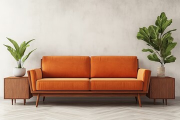 Fototapeta premium Mid-Century Modern Interior with Orange Sofa, Concrete Wall, and Lush Greenery. Home Decor Style.