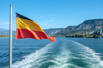 A panoramic view of the Rhine River with German flag	