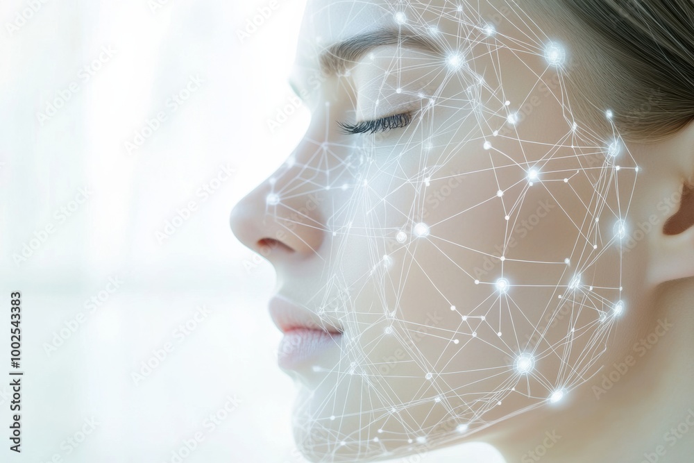 Leinwandbilder Abstract lines and dots creating skincare procedure diagrams on a serene face in a contemporary setting. Generative AI