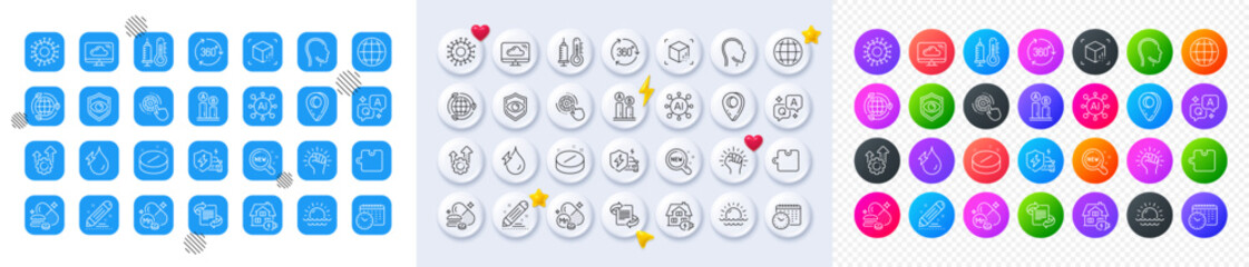 Eye detect, Hydroelectricity and Coronavirus line icons. Square, Gradient, Pin 3d buttons. AI, QA and map pin icons. Pack of Seo gear, Overeating pills, Puzzle icon. Vector