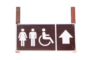 Signs Modern public toilet or bathroom sign brown isolated on cut out PNG or transparent background. Of man, woman, people disabilities with person icon. Symbol notifying people.