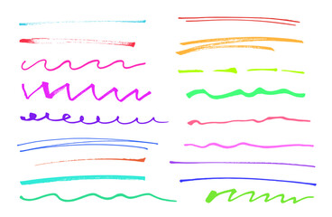 Marker highlight set, brush pen hand drawn color underline. Lines collection isolated on white.