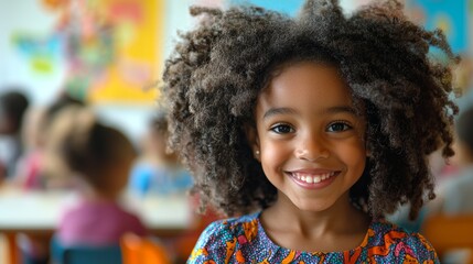 Joyful young girl with curly hair smiling in a vibrant classroom, surrounded by colorful decor and peers.