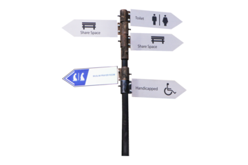 White aluminum track pointer, MUSLIM PRAYING ROOM, share, toilet, handicapped isolated on cut out PNG or transparent background. Collection of various symbols. Signs provide directions for travelers.