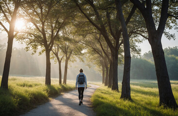 Fototapeta premium morning walk person strolling through a park, enjoying the fresh air