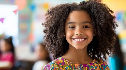 Joyful young girl with curly hair smiling in a vibrant classroom, surrounded by colorful decor and peers.