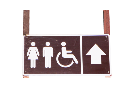 Signs Modern public toilet or bathroom sign brown isolated on cut out PNG or transparent background. Of man, woman, people disabilities with person icon. Symbol notifying people.
