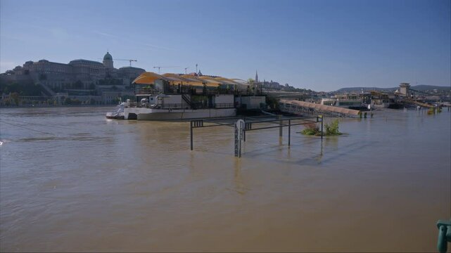 Ports along the Danube River are submerged after a huge flood. View of Rakpart and Buda Castle during the flood in Budapest. Huge tidal flow on the Danube. Danube Flood Threatens Budapest. Flood Alert