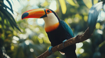 Beautiful toucan on a tree branch in the wild jungle
