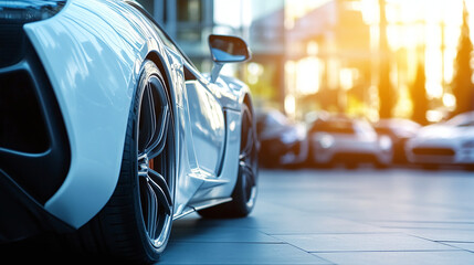 Luxury new sports car parked in car showroom with other cars in background on sunny day