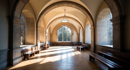 Obraz premium Sunlit courtroom hallway with stone arches and empty benches creating a somber professional atmosphere